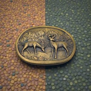 Vintage Oval Brass Buck and Doe Deer Belt Buckle by Indiana Metal Craft